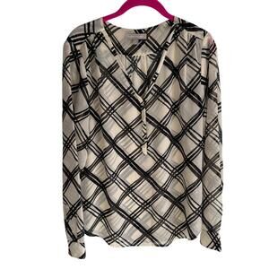 BANANA REPUBLIC Cream and Black Abstract Plaid Riviera Ladies Sheer Blouse,‎ M
